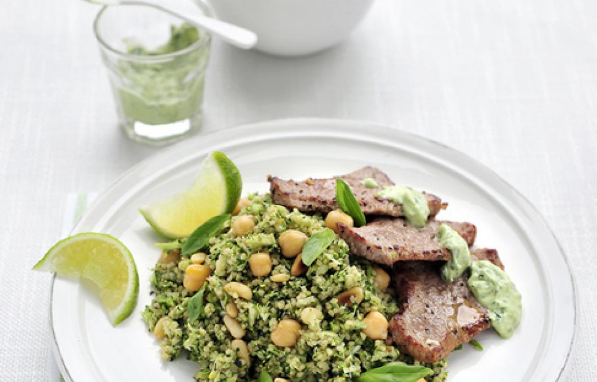 kalfslapje met couscous, brocolli en basilicum